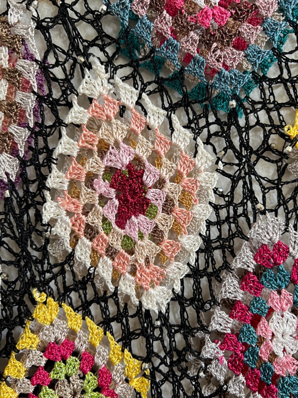 Handmade Crotchet Poncho Shawl Granny Square Fringe Multicolor/Black Beaded OS - Picture 6 of 12